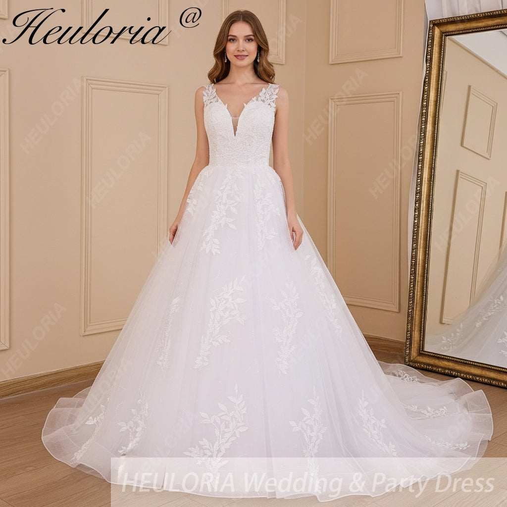 HEULORIA Ball-Gown/Princess V-Neck Cathedral Train Tulle Lace Wedding Dress With Sequins BA-609