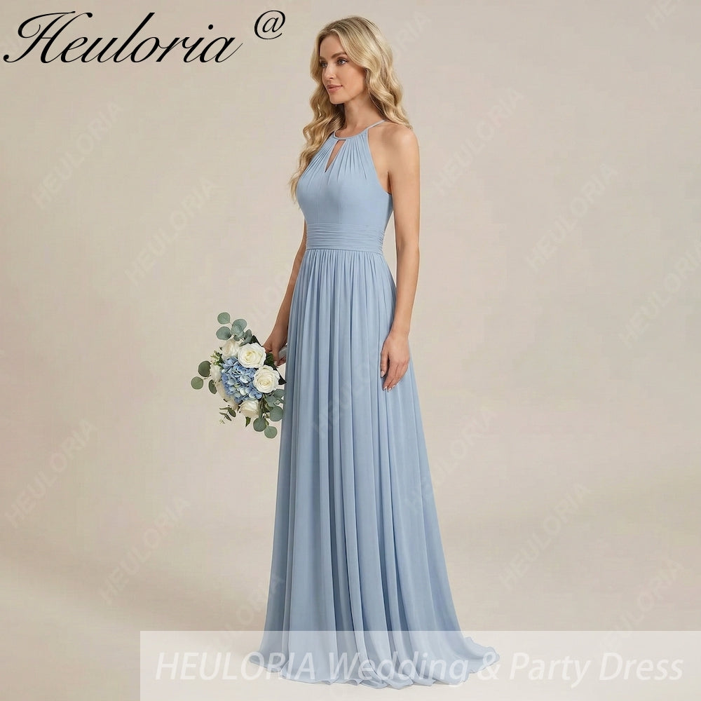 HEULORIA Dusty Blue Halter Keyhole Pleated Chiffon Bridesmaid Dress - Floor Length ED-246