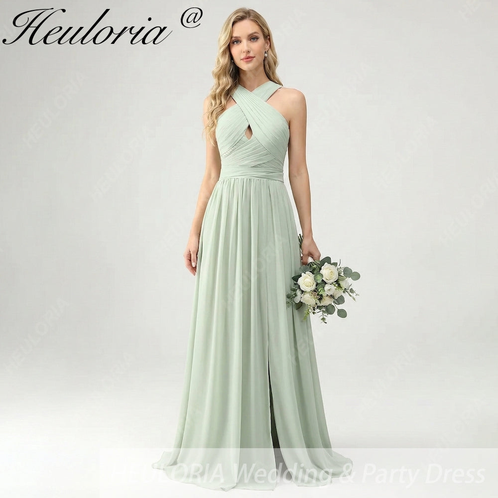 HEULORIA Dusty Sage Chiffon Criss-Cross Halter Bridesmaid Dress with Front Slit and Bow Back ED-256