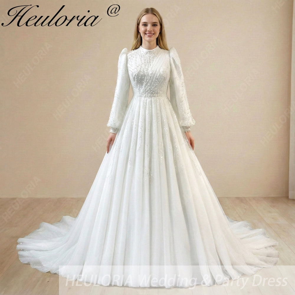 HEULORIA Regal High-Neck Beaded Wedding Dress: Sparkling Sequin A-Line Gown with Bishop Sleeves Muslim wedding dress  BA-1205