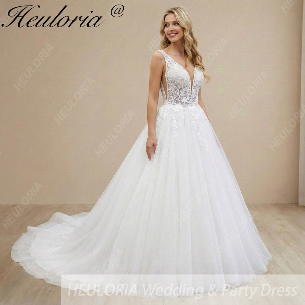 HEULORIA Elegant Plunging V-Neck Floral Lace A-Line Wedding Dress with Shimmer Tulle & Long Train AL-1056