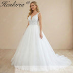 HEULORIA Radiant Sparkle A-Line Wedding Dress - Plunging V-Neck with Illusion Mesh & Leaf Lace Bodice AL-1059