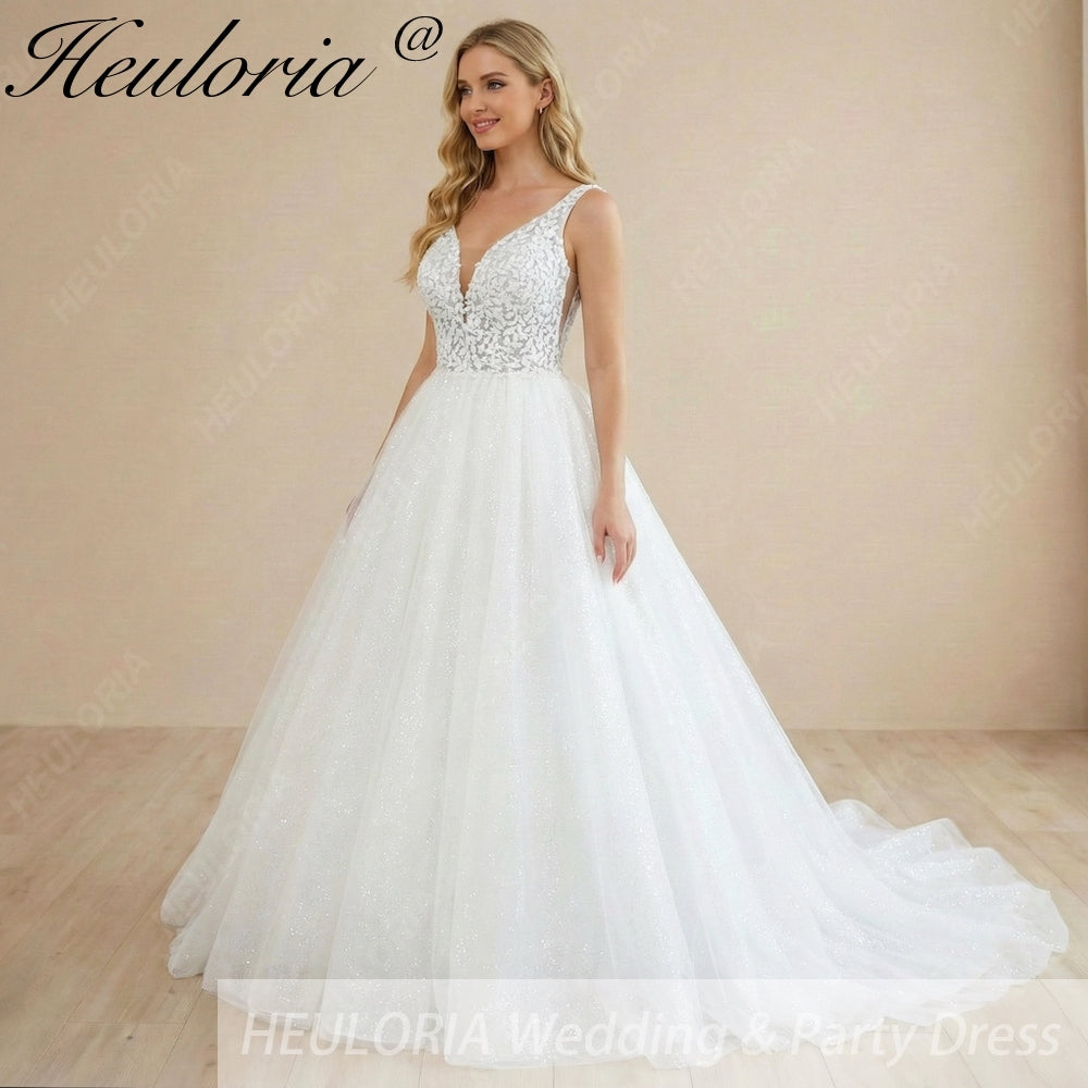 HEULORIA Radiant Sparkle A-Line Wedding Dress - Plunging V-Neck with Illusion Mesh & Leaf Lace Bodice AL-1059