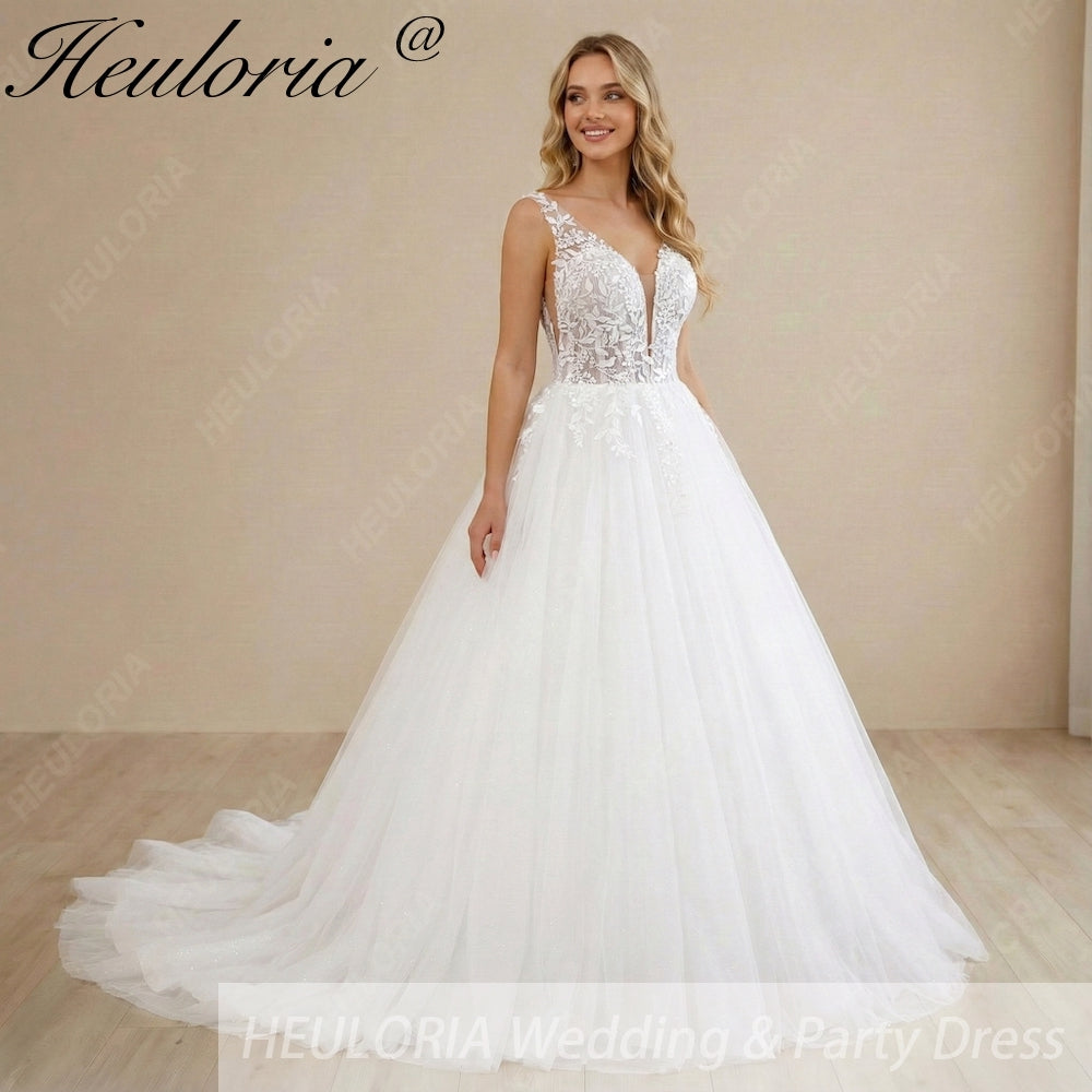 HEULORIA Deep V-Neck Floral Lace A-Line Wedding Dress with Glitter Tulle & Corset Back AL-1036