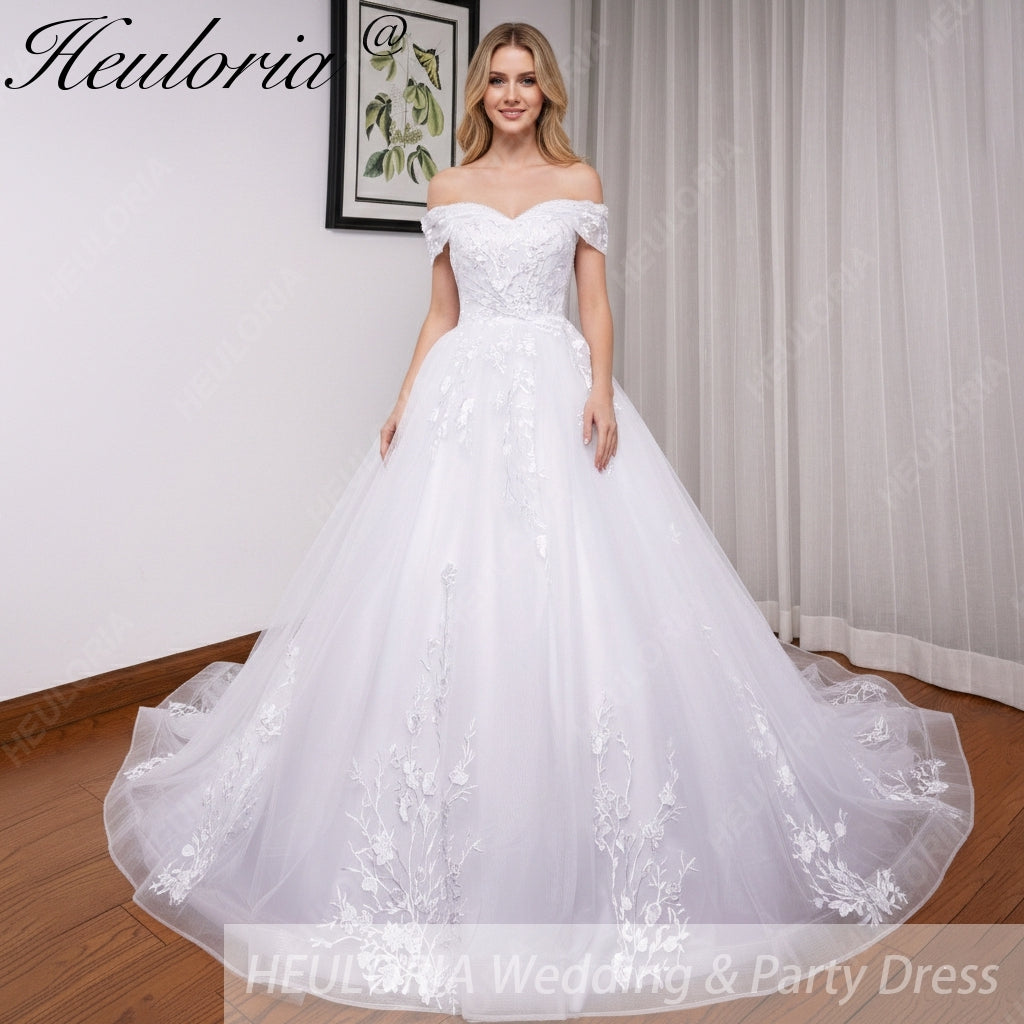 HEULORIA princess wedding dress off shoulder crystal beading lace applique bride dress plus size robe de mariee BA-544A