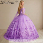HEULORIA 3D Floral Appliqué Ball Gown - Off-the-Shoulder Sweetheart Neck with Sheer Cape Sleeves Quinceañera & Prom dressBA-1256