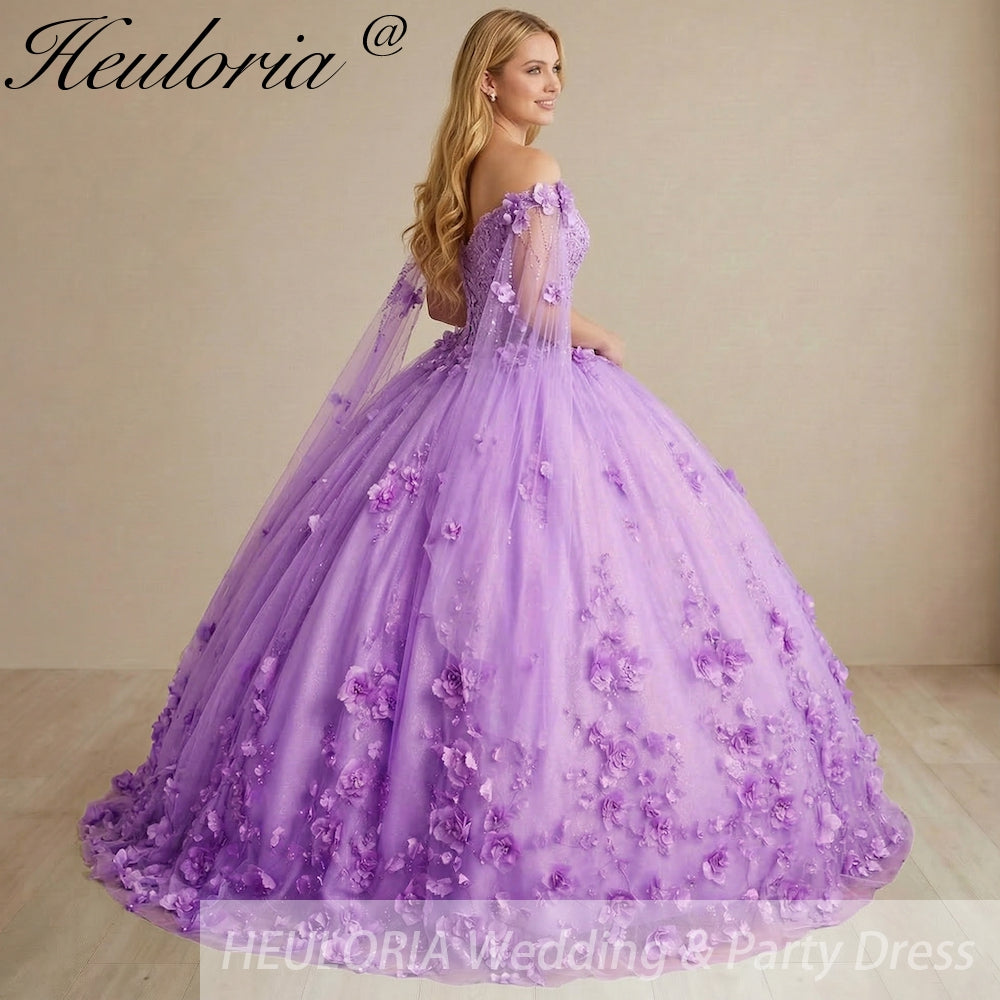 HEULORIA 3D Floral Appliqué Ball Gown - Off-the-Shoulder Sweetheart Neck with Sheer Cape Sleeves Quinceañera & Prom dressBA-1256