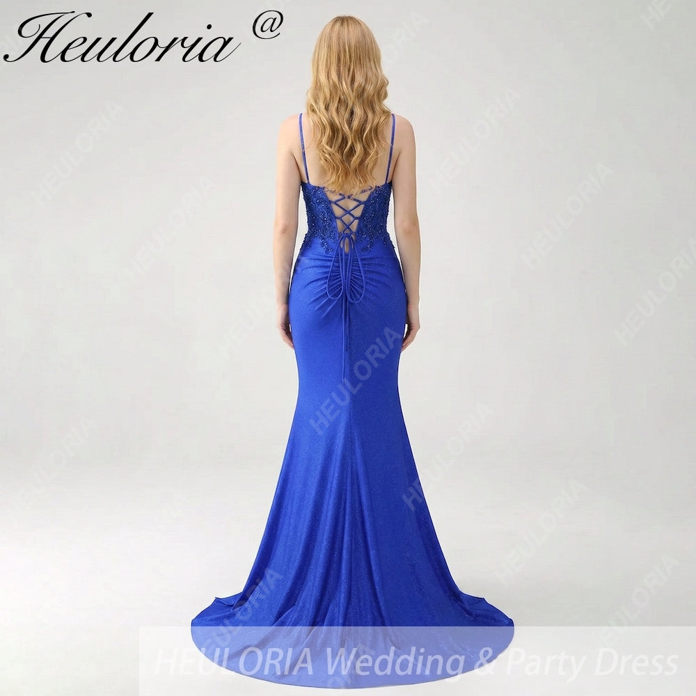 HEULORIA Stunning Royal Blue Sequin Lace Mermaid Prom Dress - Plunging V-Neck with Side Slit ED-213