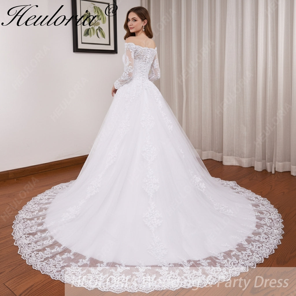 HEULORIA elegant Princess wedding dress long sleeve off shoulder lace bride dress Robe De Mariee Wedding Bride Dress long train BA-OFB