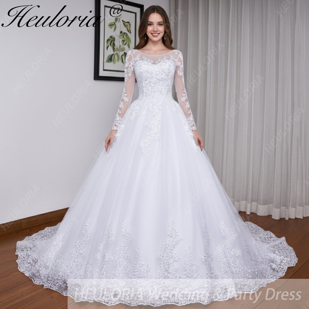 HEULORIA princess wedding dress long sleeve lace applique bride dress lace up Robe De Mariee BA-557
