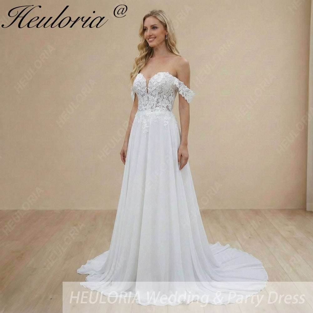 HEULORIA Romantic Off-the-Shoulder A-Line Wedding Dress with 3D Floral Lace & Chiffon Train AL-1053