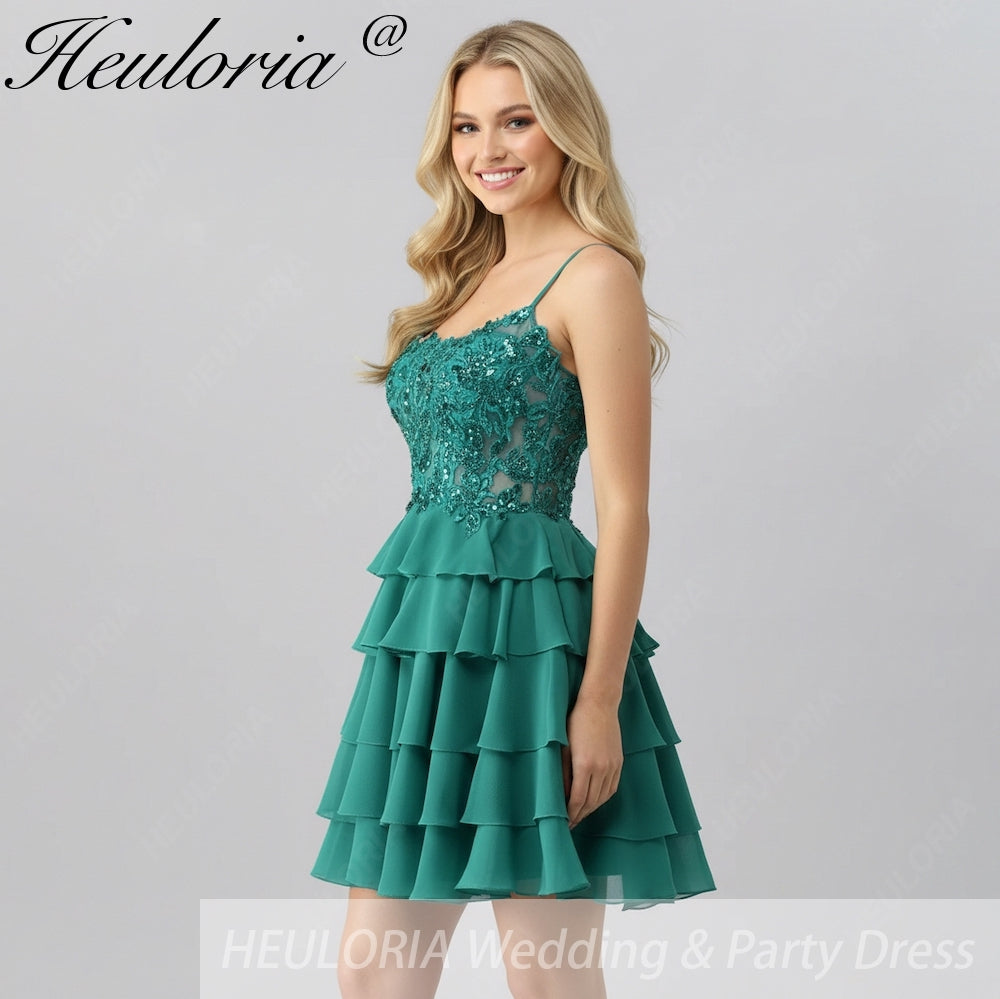 HEULORIA Dark Green Lace Tiered Homecoming Dress - Sequined Bodice with Spaghetti Straps ED-298