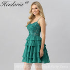 HEULORIA Dark Green Lace Tiered Homecoming Dress - Sequined Bodice with Spaghetti Straps ED-298