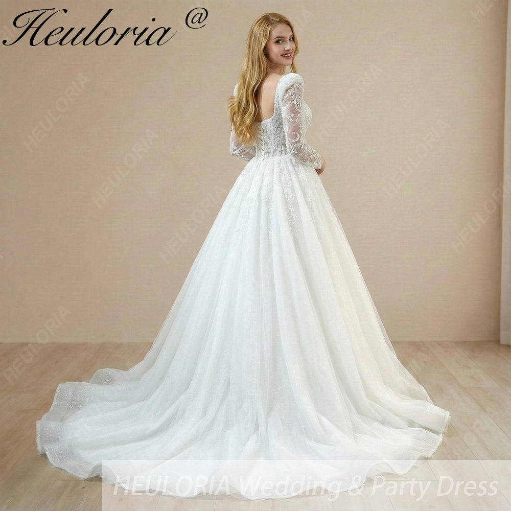 HEULORIA Romantic Long Puff Sleeve Corset Wedding Dress: Shimmering Glitter Tulle A-Line Bridal Gown BA-1211 Immagine secondaria del prodotto