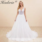HEULORIA V Neck Sleeveless A line Wedding Dress Boho Lace Appliques Tulle Long Bridal Gowns Backless Vestidos de Novia Customized AL-1023