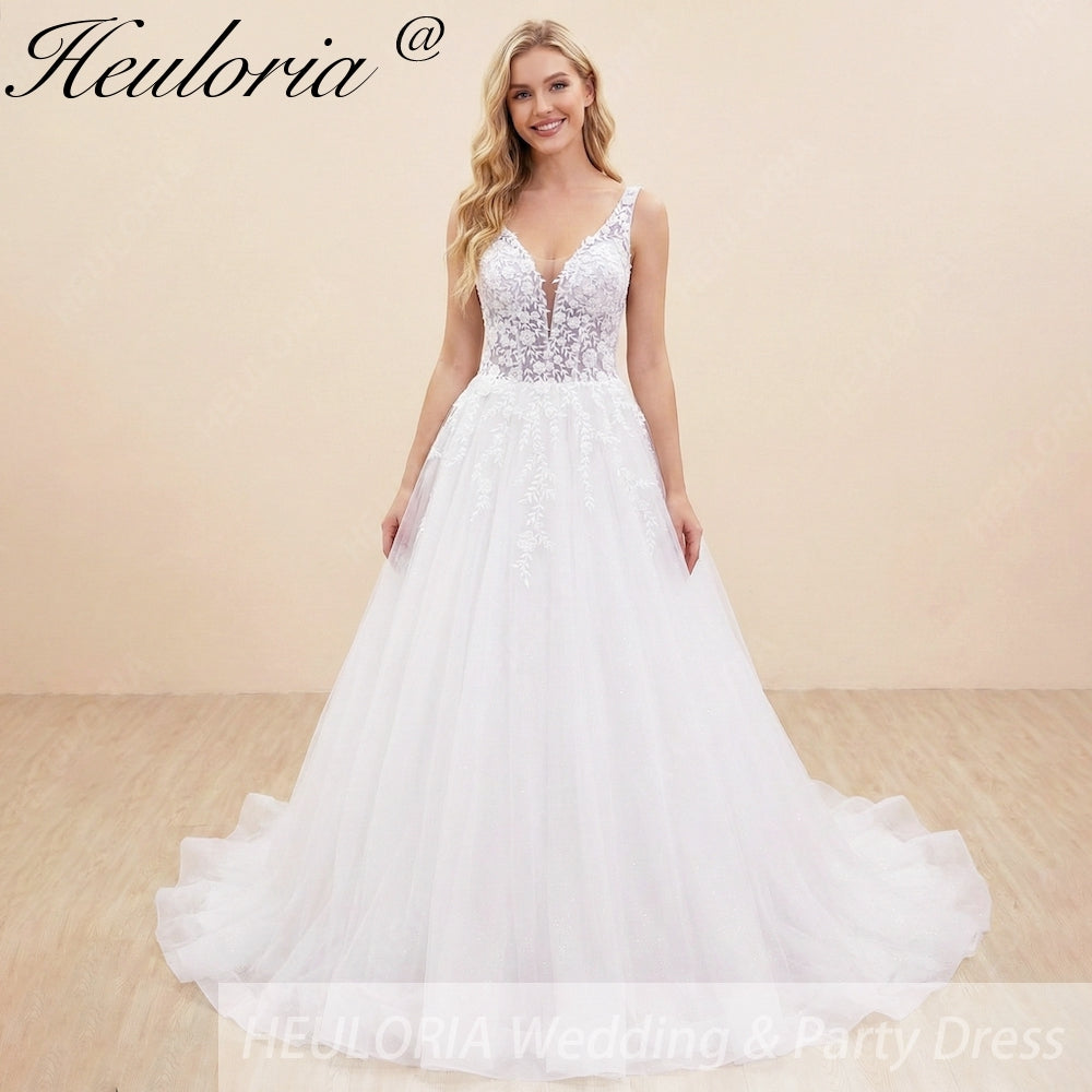HEULORIA V Neck Sleeveless A line Wedding Dress Boho Lace Appliques Tulle Long Bridal Gowns Backless Vestidos de Novia Customized AL-1023