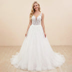 HEULORIA V Neck Sleeveless A line Wedding Dress Boho Lace Appliques Tulle Long Bridal Gowns Backless Vestidos de Novia Customized AL-1023