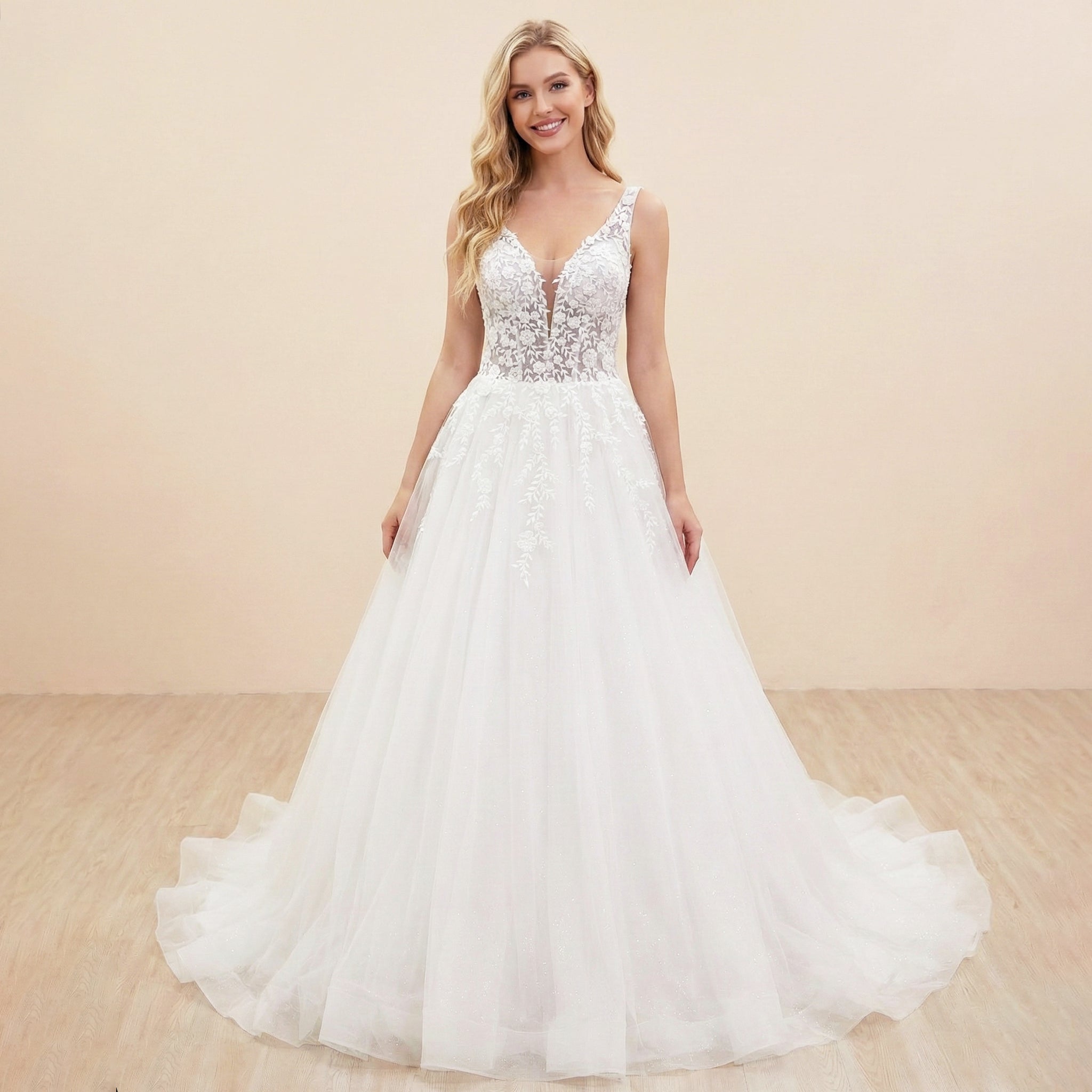 HEULORIA V Neck Sleeveless A line Wedding Dress Boho Lace Appliques Tulle Long Bridal Gowns Backless Vestidos de Novia Customized AL-1023