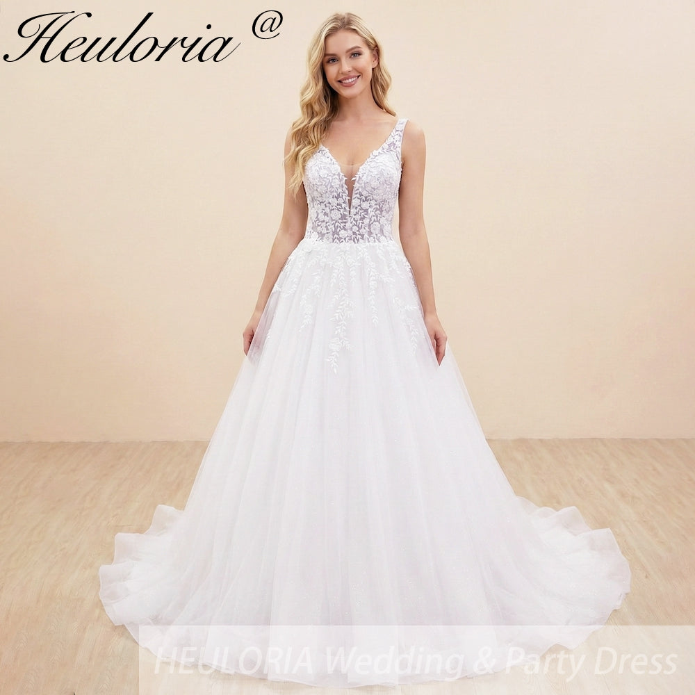 HEULORIA V Neck Sleeveless A line Wedding Dress Boho Lace Appliques Tulle Long Bridal Gowns Backless Vestidos de Novia Customized AL-1023