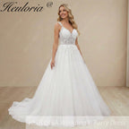 HEULORIA Enchanting Leaf Lace A-Line Wedding Dress - Shimmering Tulle & Plunging Illusion V-Neck AL-1010