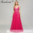 HEULORIA Enchanting 3D Floral Applique V-Neck Tulle A-Line Prom Dress - Corset Back Formal Gown ED-341