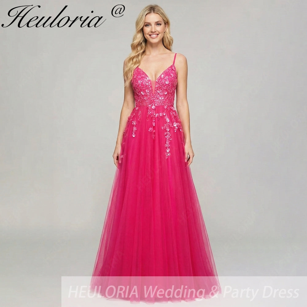 HEULORIA Enchanting 3D Floral Applique V-Neck Tulle A-Line Prom Dress - Corset Back Formal Gown ED-341