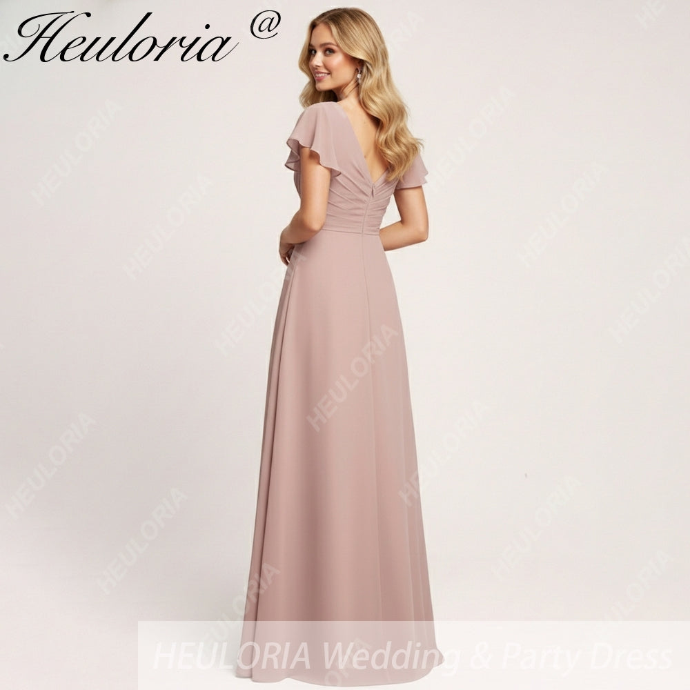 HEULORIA Long Bridemaid dress short sleeve V neck chiffon party dress formal dress ED-135
