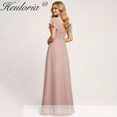 HEULORIA Long Bridemaid dress short sleeve V neck chiffon party dress formal dress ED-135