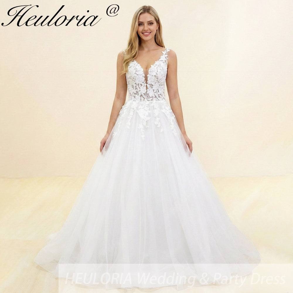 HEULORIA V Neck Sleeveless A lineWedding Dress Boho Lace Appliques Tulle Long Bridal Gowns Backless Vestidos de Novia Customized AL-1038 Imagen principal del producto