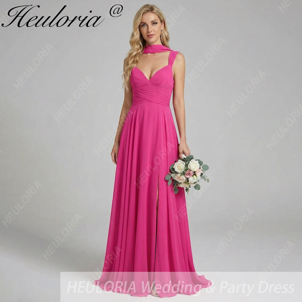 HEULORIA Fuchsia Pleated Chiffon Bridesmaid Dress with Matching Scarf & Side Slit ED-257