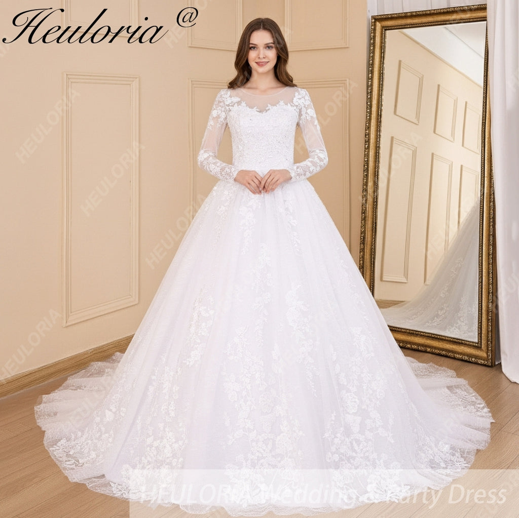 HEULORIA Princess Ball Gown Wedding Dress long sleeve bride dress plus size robe de mariee Lace beading Wedding Gown court train BA-601