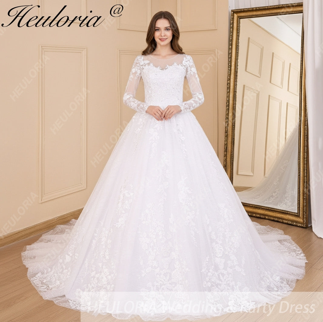 HEULORIA Princess Ball Gown Wedding Dress long sleeve bride dress plus size robe de mariee Lace beading Wedding Gown court train BA-601