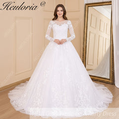 HEULORIA Princess Ball Gown Wedding Dress long sleeve bride dress plus size robe de mariee Lace beading Wedding Gown court train BA-601