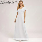 HEULORIA Long Bridemaid dress short sleeve V neck chiffon party dress formal dress ED-133