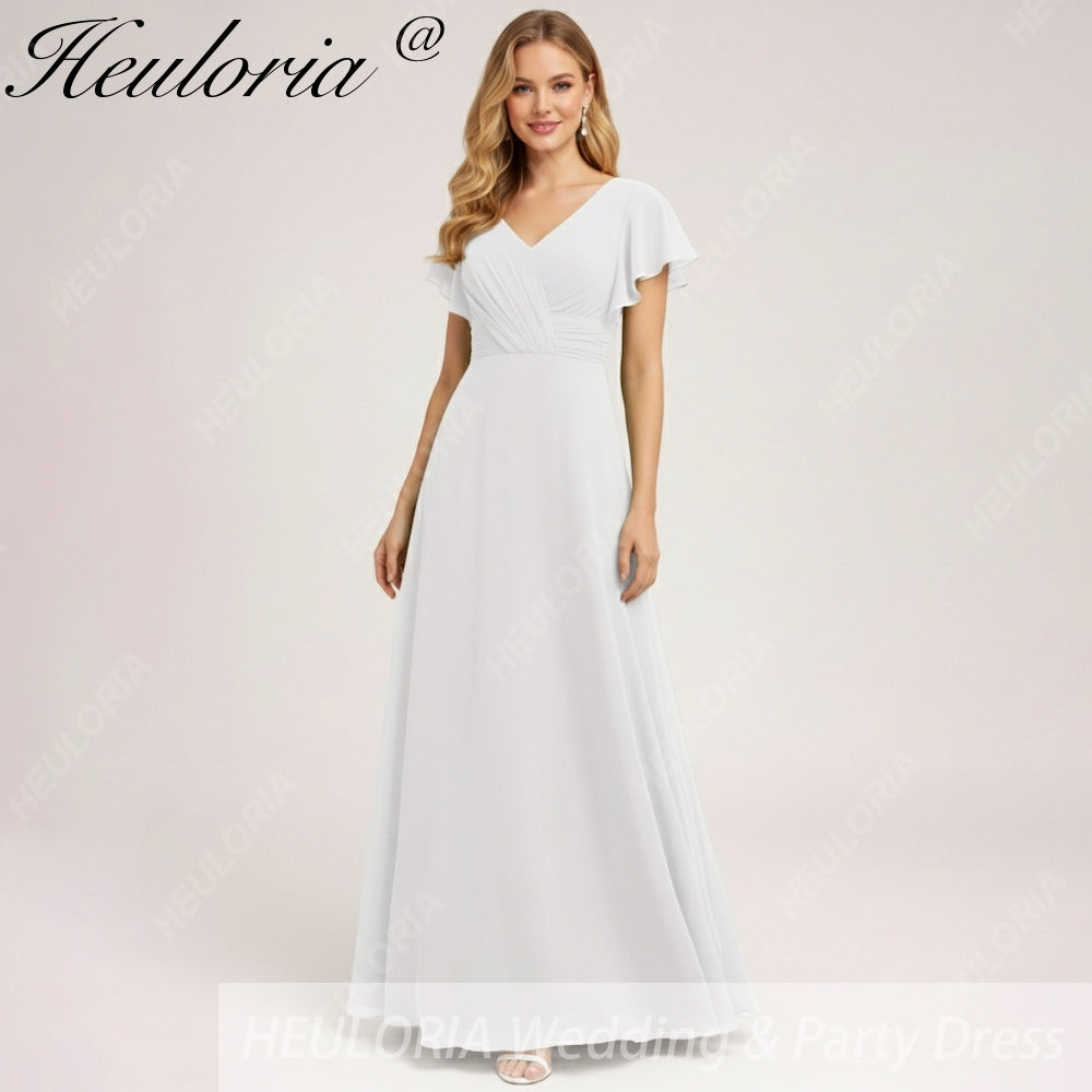 HEULORIA Long Bridemaid dress short sleeve V neck chiffon party dress formal dress ED-133
