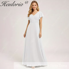 HEULORIA Long Bridemaid dress short sleeve V neck chiffon party dress formal dress ED-133