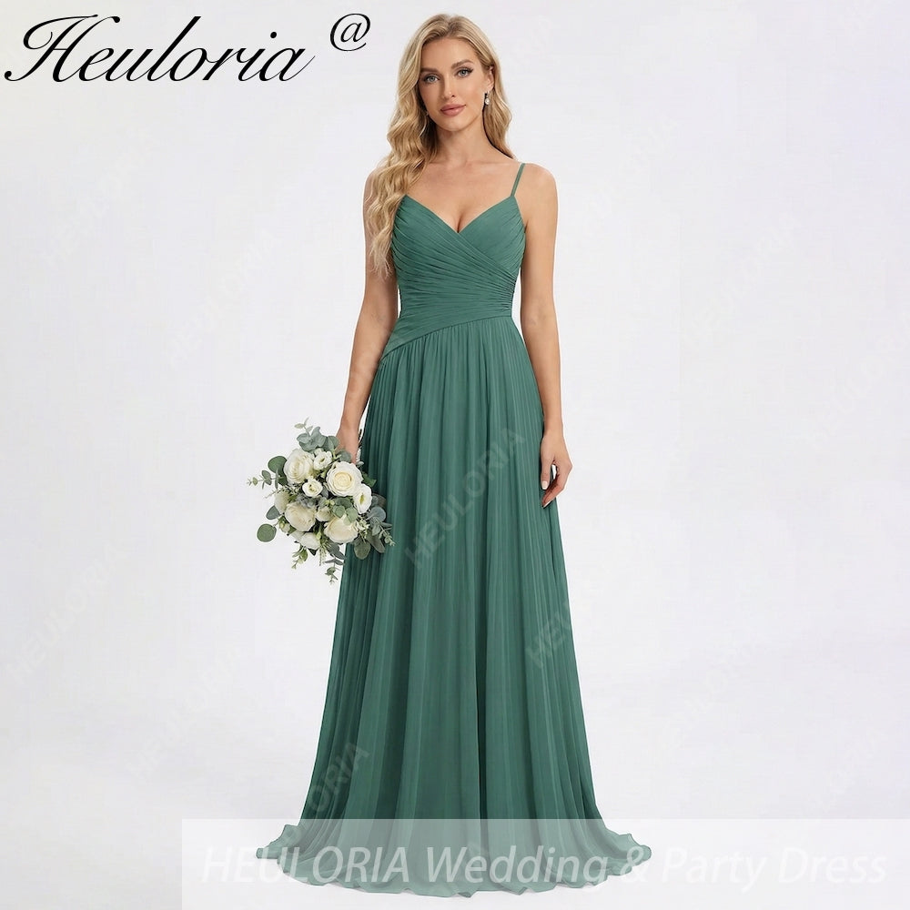 HEULORIA Eucalyptus Green Pleated Chiffon V-Neck Spaghetti Strap Floor-Length Evening Dress ED-261