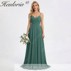HEULORIA Eucalyptus Green Pleated Chiffon V-Neck Spaghetti Strap Floor-Length Evening Dress ED-261
