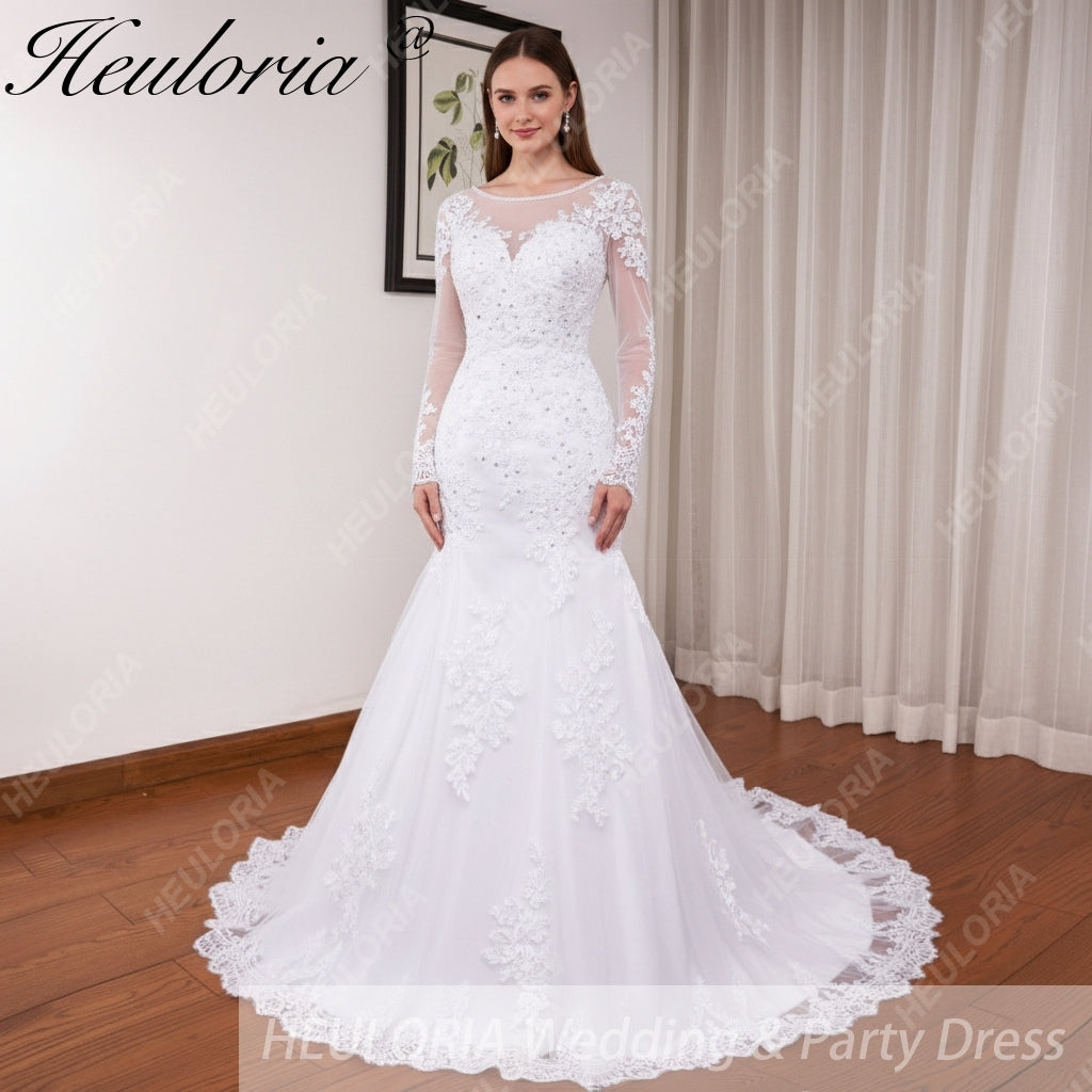 HEULORIA elegant mermaid Wedding Dresses long sleeve o neck lace beading plus size Bride Dress Robe de mariage customize ME-623