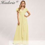 HEULORIA Long Bridemaid dress short sleeve V neck chiffon party dress formal dress ED-135