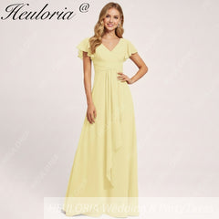 HEULORIA Long Bridemaid dress short sleeve V neck chiffon party dress formal dress ED-135