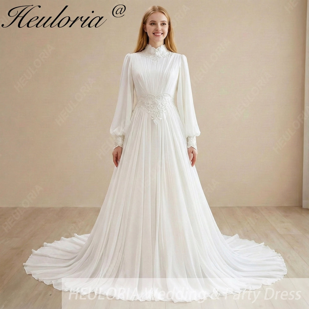 HEULORIA Victorian-Inspired High Neck Lace Wedding Dress - Ethereal Bishop Sleeves & Pleated Chiffon Bridal Gown AL-358