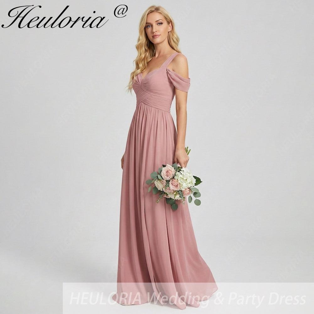 HEULORIA Elegant Dusty Rose Cold-Shoulder Chiffon Bridesmaid Dress with Criss-Cross Ruched Bodice and Side Slit ED-258