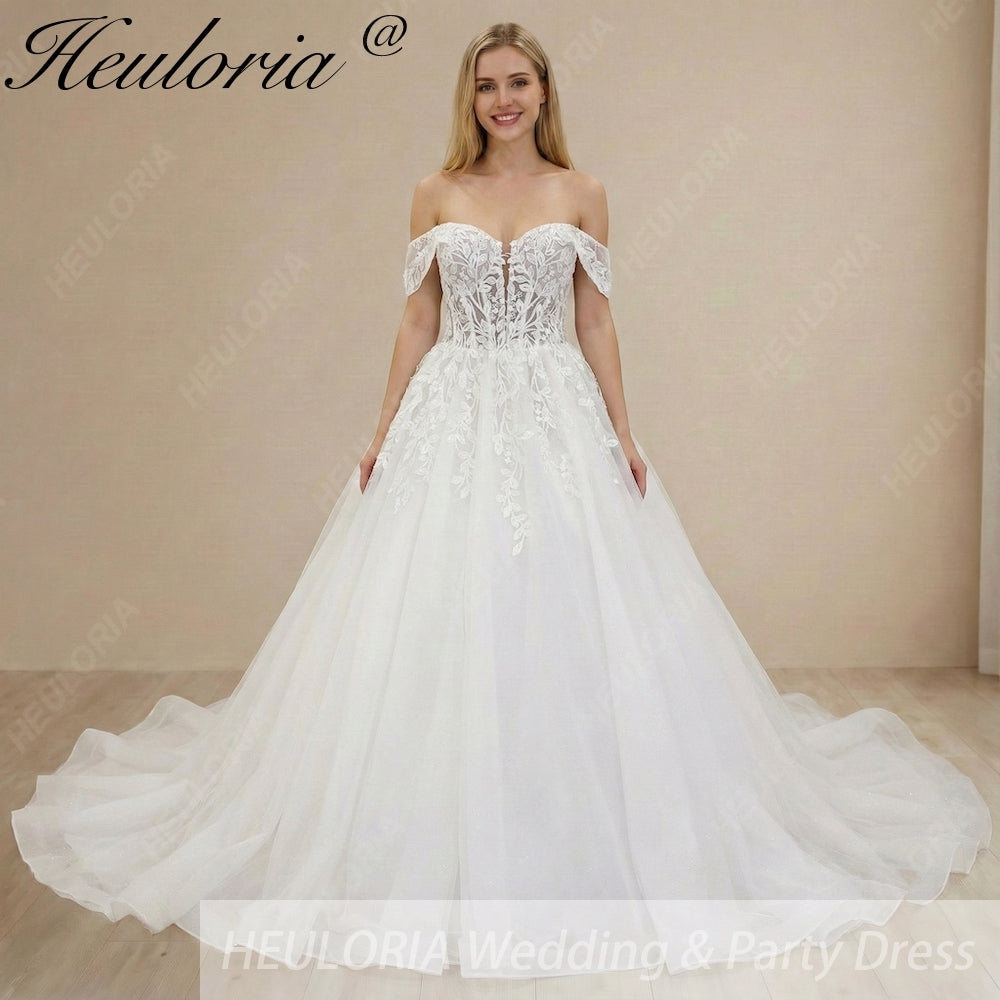 HEULORIA Romantic Off-The-Shoulder Lace Ballgown Wedding Dress with Plunging Sweetheart Neckline BA-1028