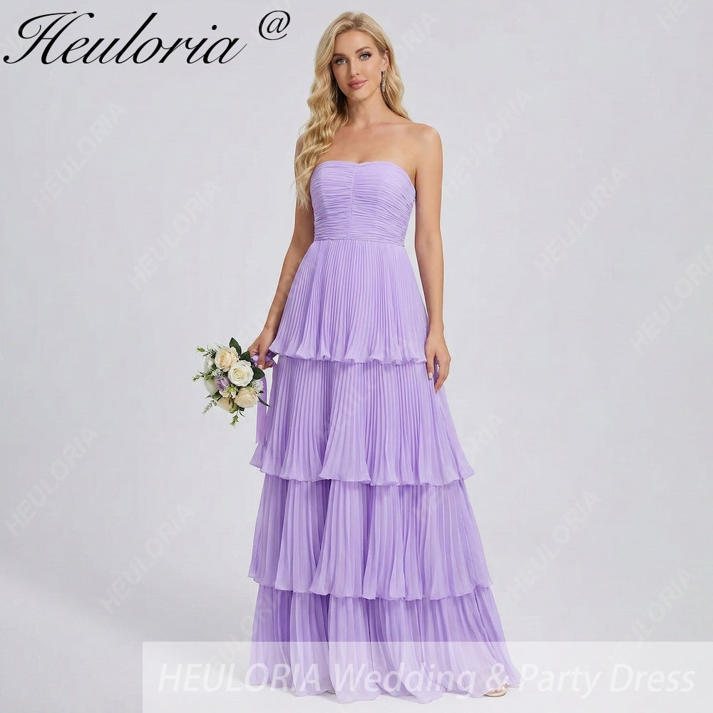 HEULORIA Strapless Tiered Pleated Chiffon Maxi Dress - Elegant Sleeveless Evening Gown ED-241