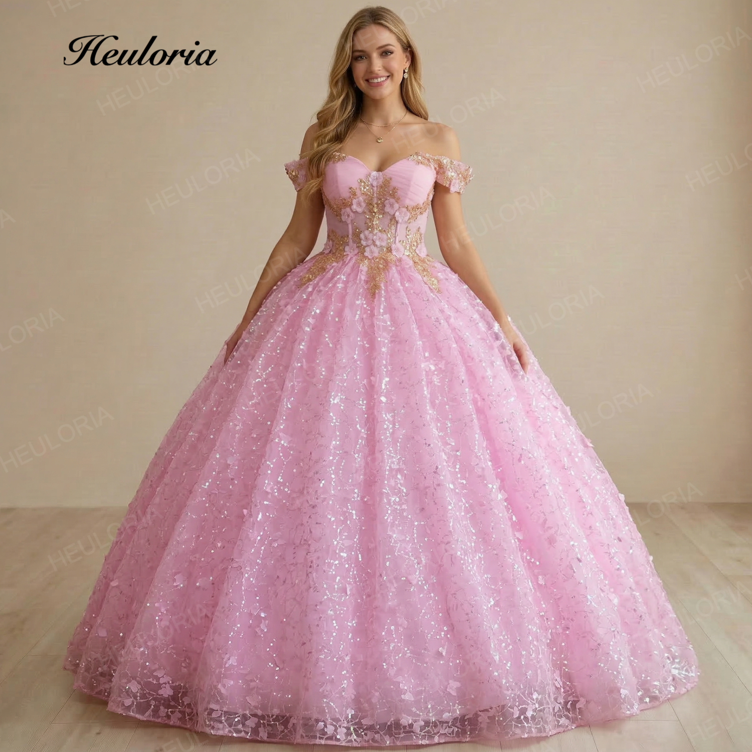 HEULORIA Enchanting Pink 3D Butterfly & Gold Lace Quinceañera Ball Gown - Illusion Corset Prom Dress BA-413
