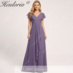 HEULORIA Long Bridemaid dress short sleeve V neck chiffon party dress formal dress ED-135