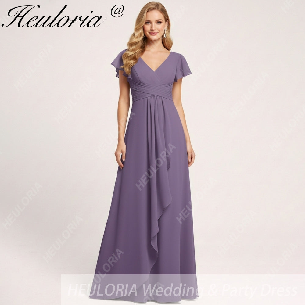 HEULORIA Long Bridemaid dress short sleeve V neck chiffon party dress formal dress ED-135