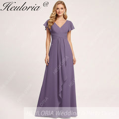 HEULORIA Long Bridemaid dress short sleeve V neck chiffon party dress formal dress ED-135