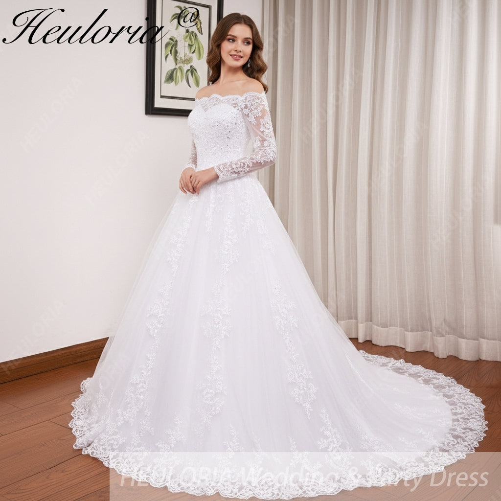 HEULORIA elegant Princess wedding dress long sleeve off shoulder lace bride dress Robe De Mariee Wedding Bride Dress long train BA-OFB